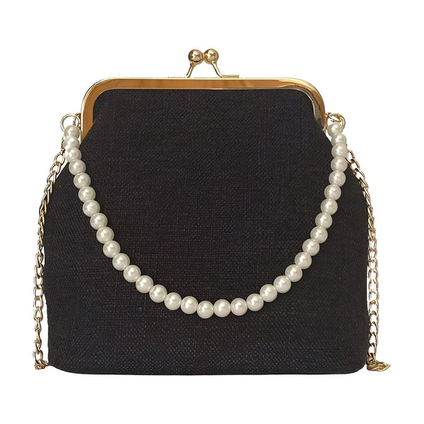 Sac pochette noir avec anse perles et chaîne dorée, 46193949081824,46193949114592,46193949147360
