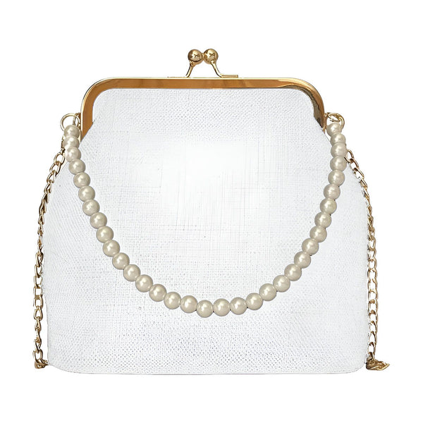 Sac pochette blanc style vintage, fermoir doré, anse chaîne et perles., 46193949081824,46193949114592,46193949147360