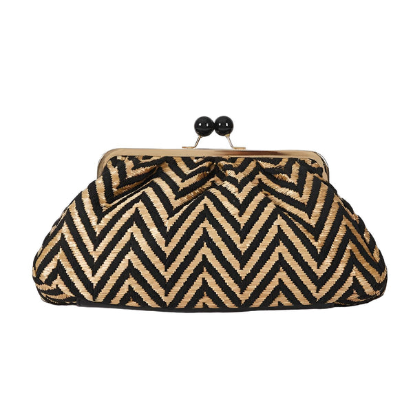 pochette femme noire et dorée motif chevrons avec fermoir boule, 46194023006432