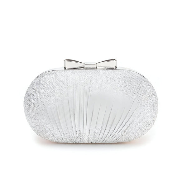 Pochette rigide argentée ovale avec plis et fermoir nœud., 46193929978080,46193930010848,46193930043616