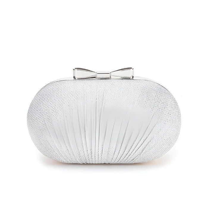 Pochette rigide argentée ovale avec plis et fermoir nœud., 46193929978080,46193930010848,46193930043616