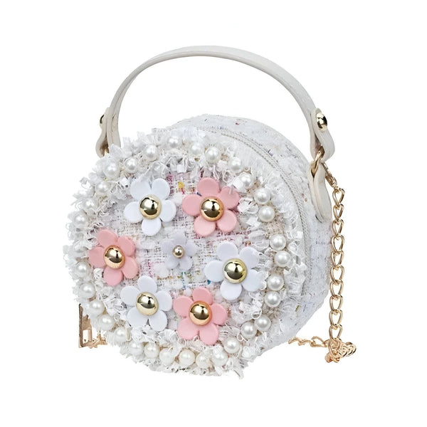 Sac rond blanc perlé avec fleurs roses et blanches, anse courte, chaîne dorée., 46193983095008,46193983127776,46193983160544