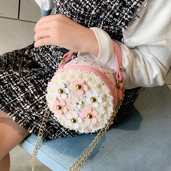 Sac bandoulière rond enfant en tweed rose et blanc, décoré de fleurs et perles., 46193983095008,46193983127776,46193983160544