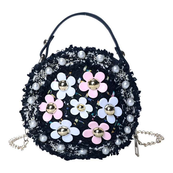 Sac à main rond noir décoré de fleurs roses et blanches et de perles, anse et bandoulière chaîne., 46193983095008,46193983127776,46193983160544