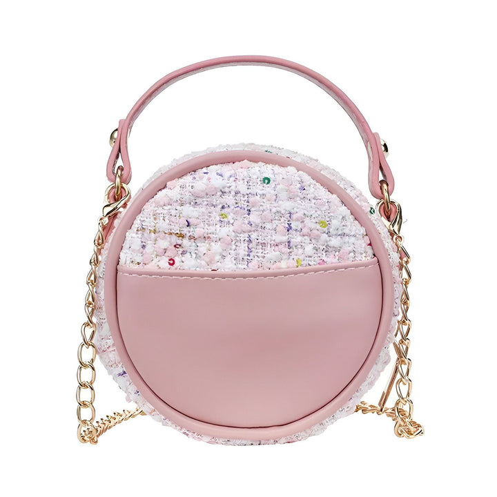 Sac rond rose en tweed blanc avec anse et chaîne dorée., 46193983095008,46193983127776,46193983160544