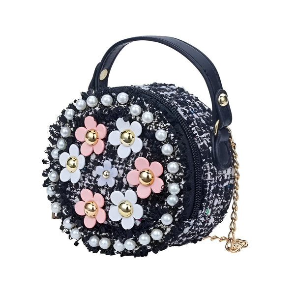 Sac rond en tweed noir blanc décoré de fleurs et perles avec anse et chaîne dorée., 46193983095008,46193983127776,46193983160544