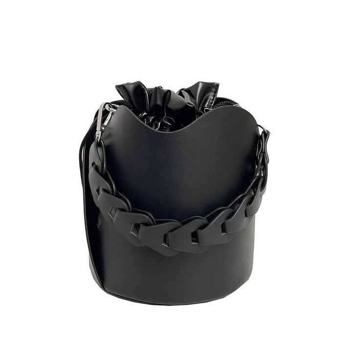 Sac seau noir avec fermeture froncée et chaîne décorative épaisse noire., 46194008850656,46194008883424,46194008916192,46194008948960