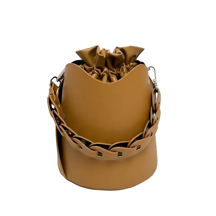 Sac à main seau marron clair avec cordon de serrage et anse décorative chaîne., 46194008850656,46194008883424,46194008916192,46194008948960