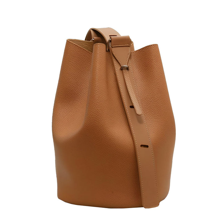 Sac à main seau en cuir grainé camel., 46193881710816,46193881743584,46193881776352
