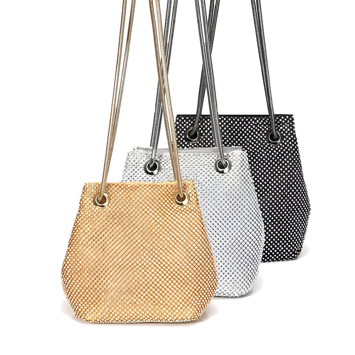 Trois sacs à main scintillants avec lanières chaîne, doré, argenté et noir., 46194028544224,46194028576992,46194028609760