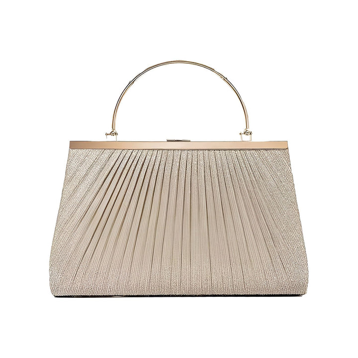 Pochette plissée champagne brillant avec poignée en métal doré, 46194028019936,46194028052704