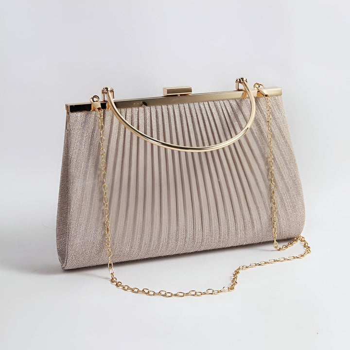 Sac pochette champagne plissé avec anse et chaîne dorées., 46194028019936,46194028052704