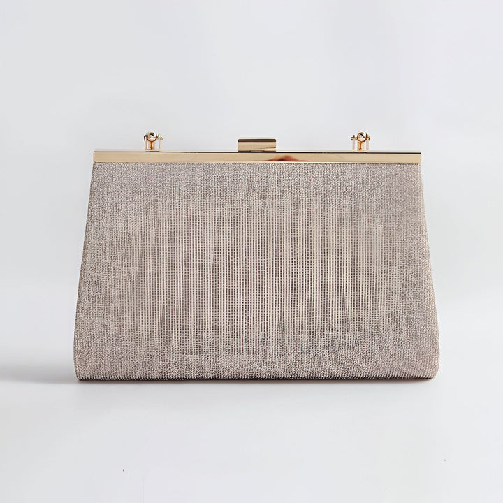 Pochette beige doré texturée avec fermoir et cadre dorés., 46194028019936,46194028052704