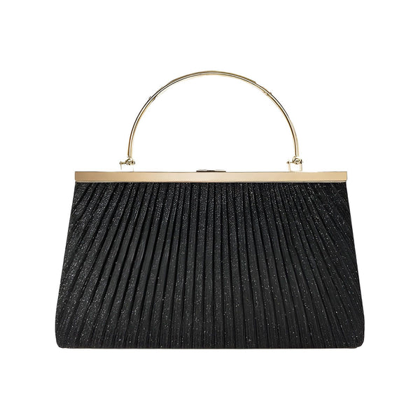 Pochette noire plissée et scintillante avec poignée et cadre dorés, 46194028019936,46194028052704
