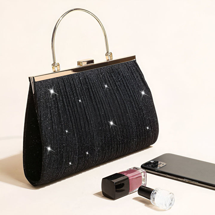 Pochette de soirée noire plissée et brillante avec paillettes, poignée dorée., 46194028019936,46194028052704