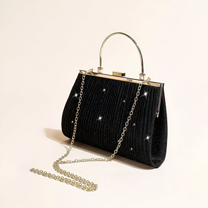 Sac de soirée noir plissé scintillant, poignée et chaîne dorées., 46194028019936,46194028052704
