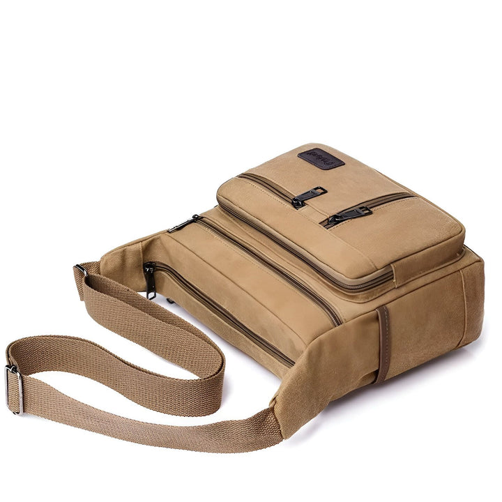 Sac bandoulière en toile beige avec plusieurs poches zippées et sangle réglable., 46194061148384,46194061181152,46194061213920,46194061246688,46194061279456