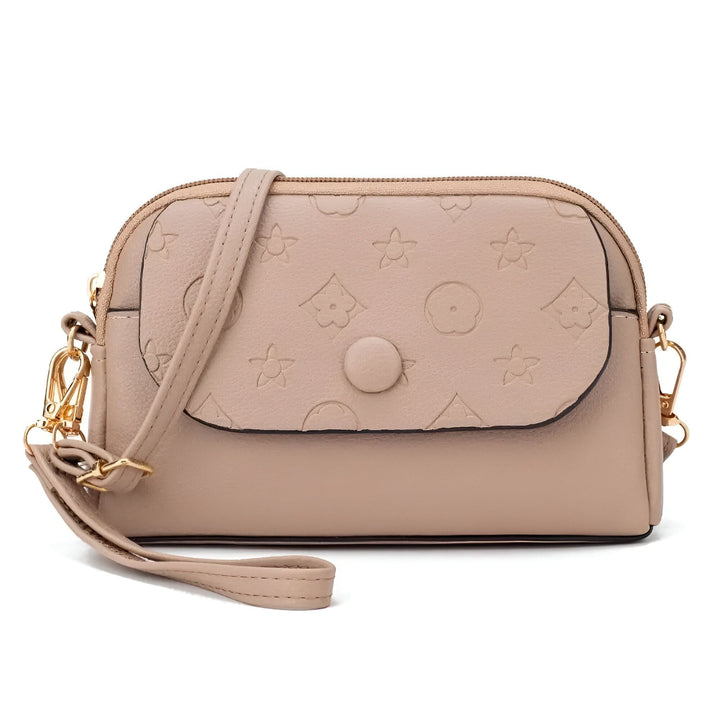Sac bandoulière beige avec rabat orné de motifs étoiles et fleurs, fermoir pression doré, 46262992503008,46262992535776,46262992568544,46262992601312,46262992634080,46262992666848,46262992699616
