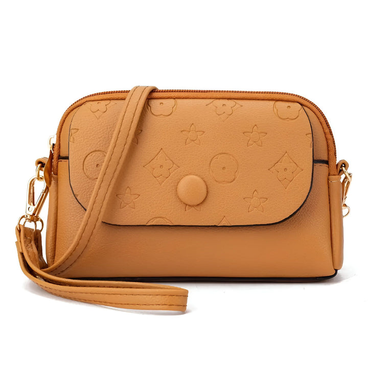 Sac pochette camel en cuir gaufré, motif fleurs étoiles, bandoulière et dragonne., 46262992503008,46262992535776,46262992568544,46262992601312,46262992634080,46262992666848,46262992699616