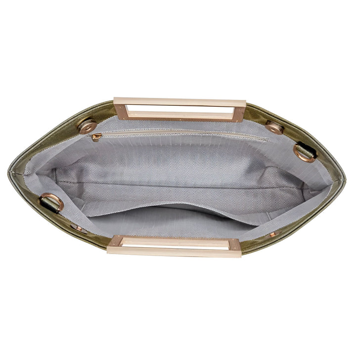 Sac ouvert vert avec poignées en bois, intérieur doublé chevrons, 46194031853792