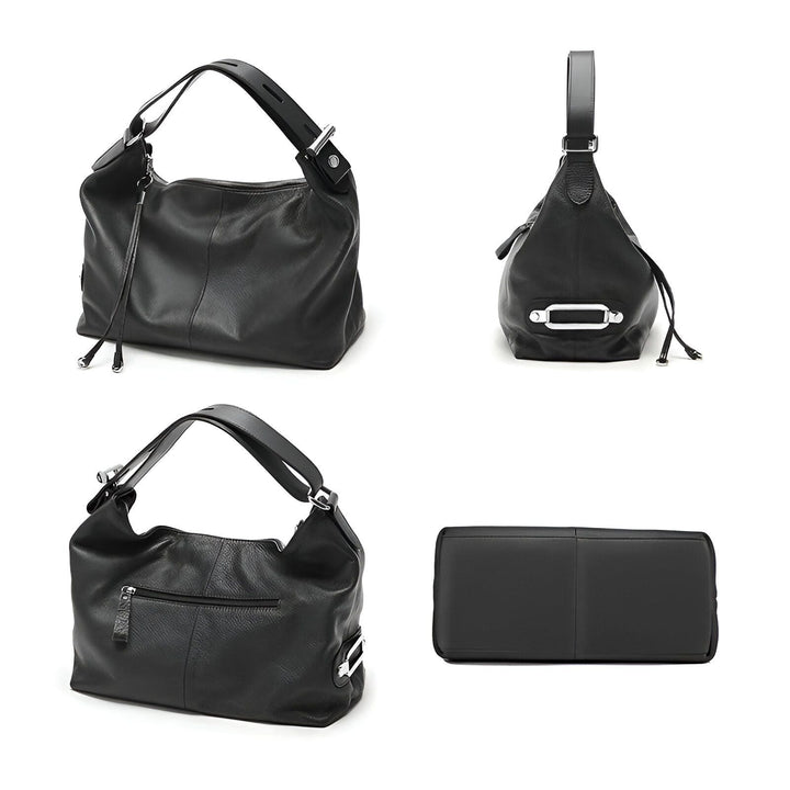 Sac à main noir en cuir, modèle hobo, montré sous plusieurs angles., 46193865228512