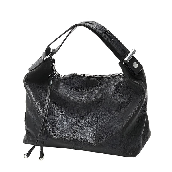 Sac à bandoulière noir en cuir grainé avec pompons, 46193865228512