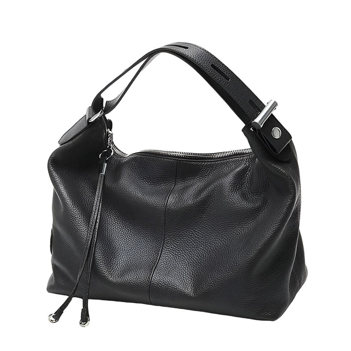 Sac à bandoulière noir en cuir grainé avec pompons, 46193865228512